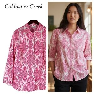 Coldwater Creek 1X 16 18 Shirt Top Blouse Floral Paisley Pink White